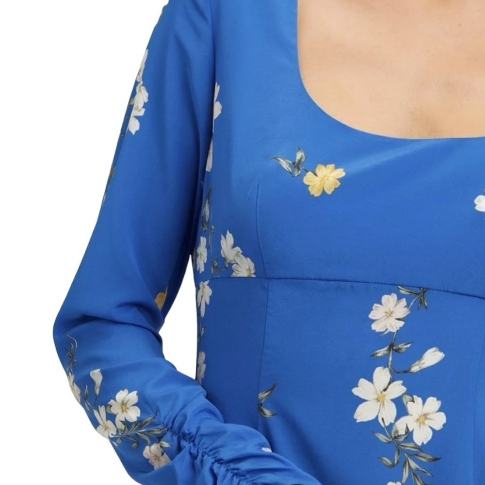 Intermix Mariabella Blue Silk Floral Long Sleeve Scoop Neck Dress Women’s 0 - Picture 2 of 12